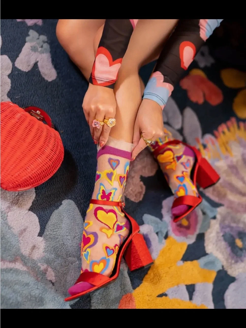 Y2K Hearts Ruffle Sheer Crew Sock.